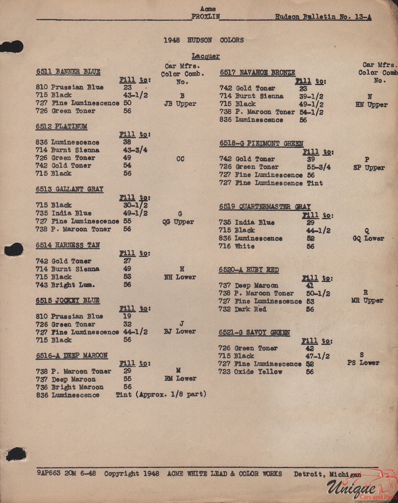 1948 AMC Hudson Acme 4 Paint Charts